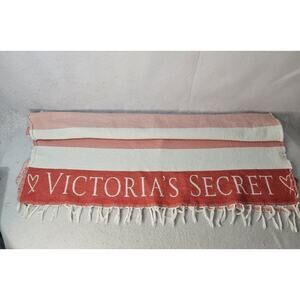 VICTORIA SECRET Beach Towel Red Pink White Stripe Fringe Trim Tassel 100% Cotton
